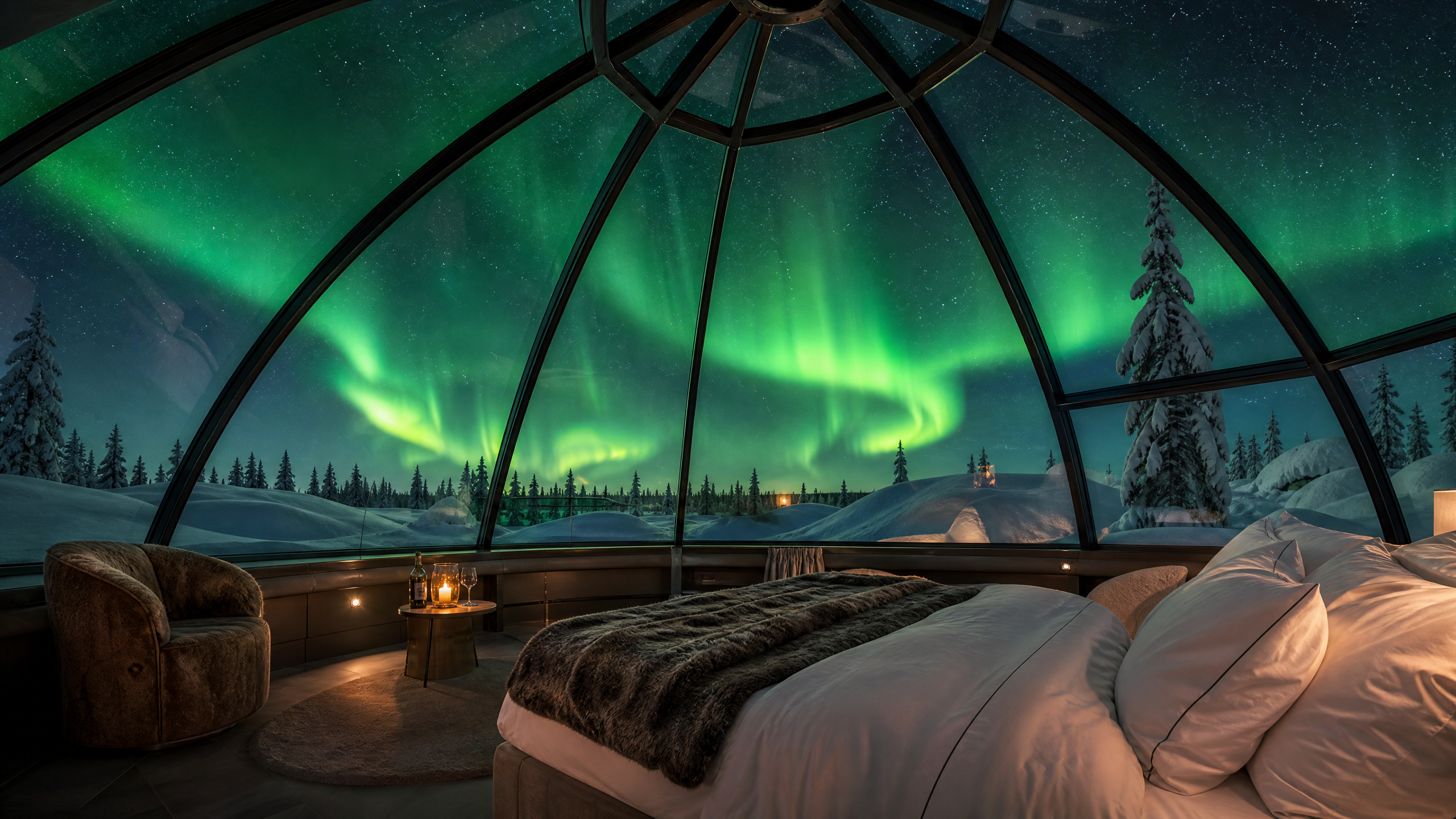 北欧极地玻璃穹顶小屋在极光下的梦幻夜景‍